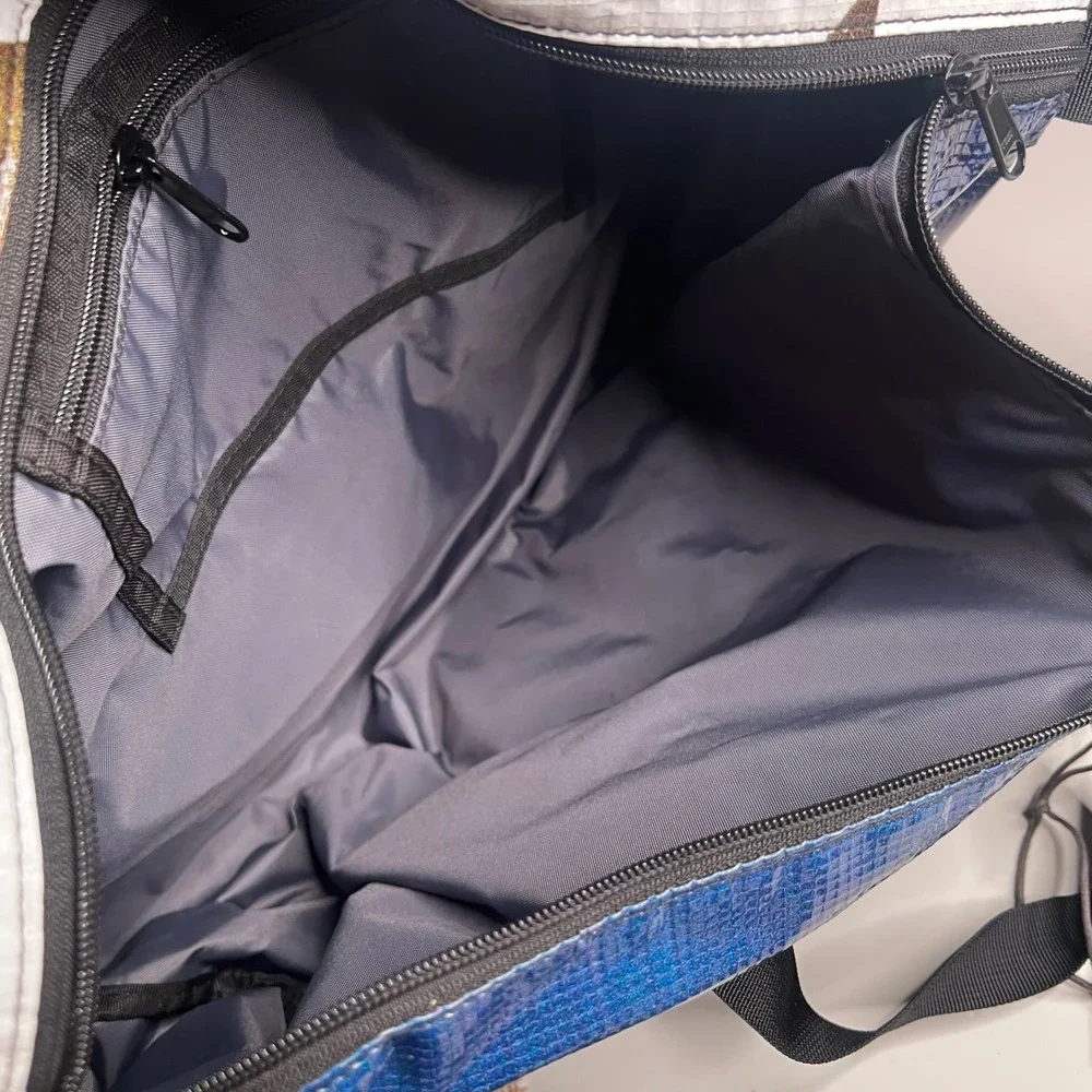 Rareform California Light Duffle Bag Repurposed Billboard Vinyl Blue White NEW